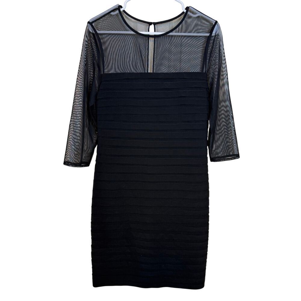 Adrianna Papell Black Sheath Dress Sheer Upper Flattering Pleated Body 10 *read*